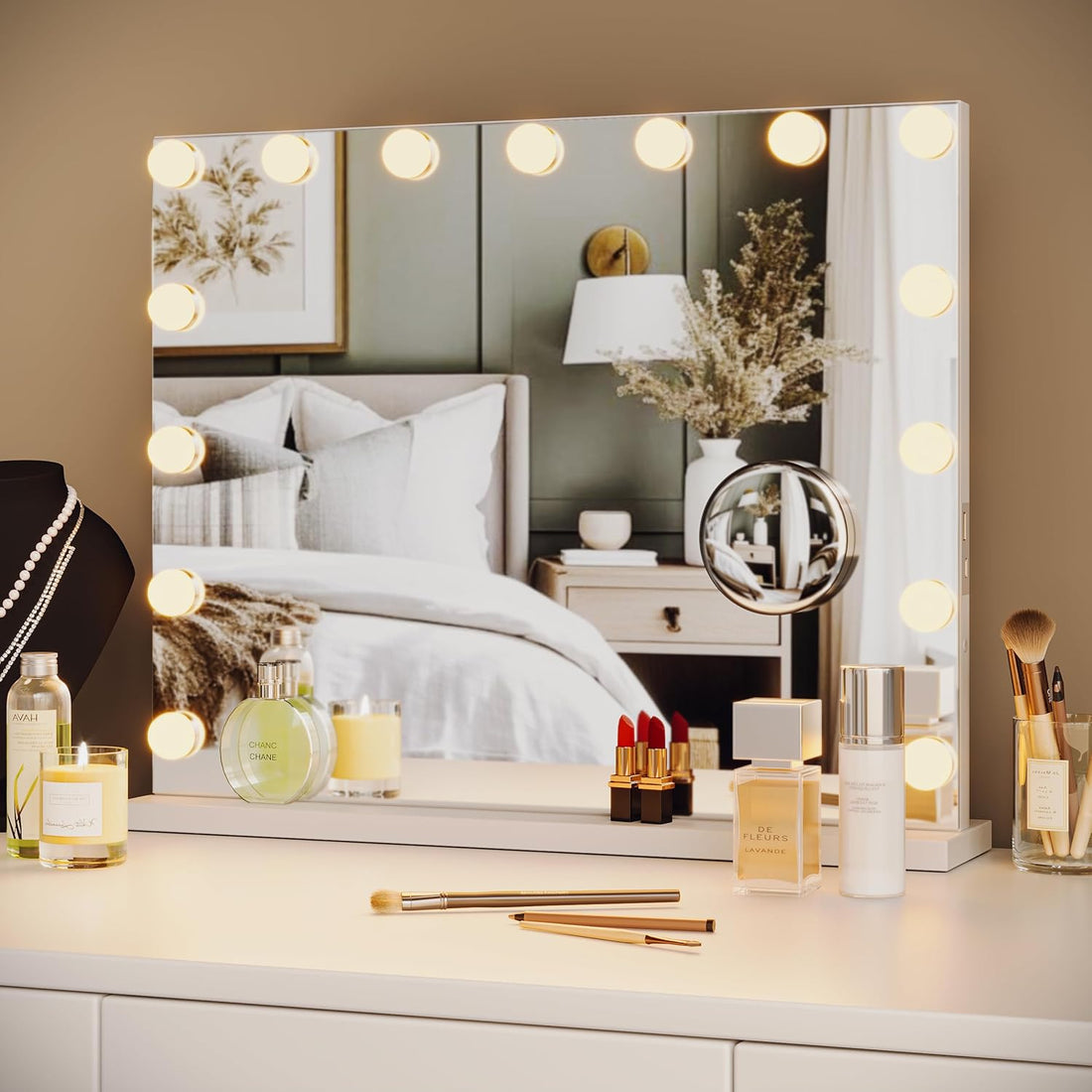 Garvee Vanity Mirror with Lights, Tabletop Lighted Mirror with 15 Dimmable LED Bulbs, Makeup Mirror with 3X Magnification, 3 Colors Modes,Touch Control, USB Charging Port, 23”x18”, White