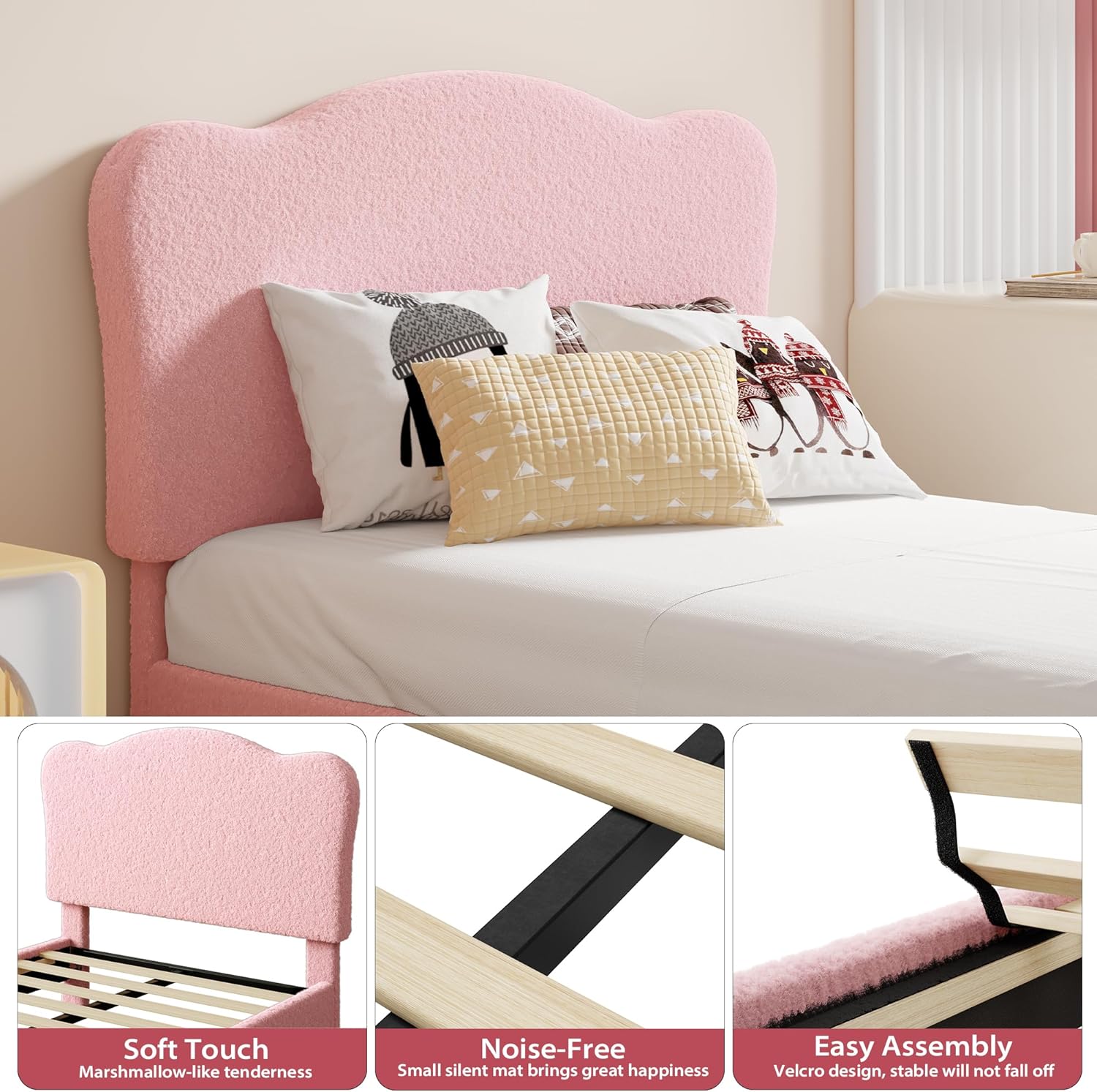 Garvee Twin Size Upholstered Bed Frame with Adjustable Crown Headboard, Velvet Princess Platform Bed, Heavy Duty, Solid Wood Slat Support, No Box Spring Needed, Easy Assembly, Pink