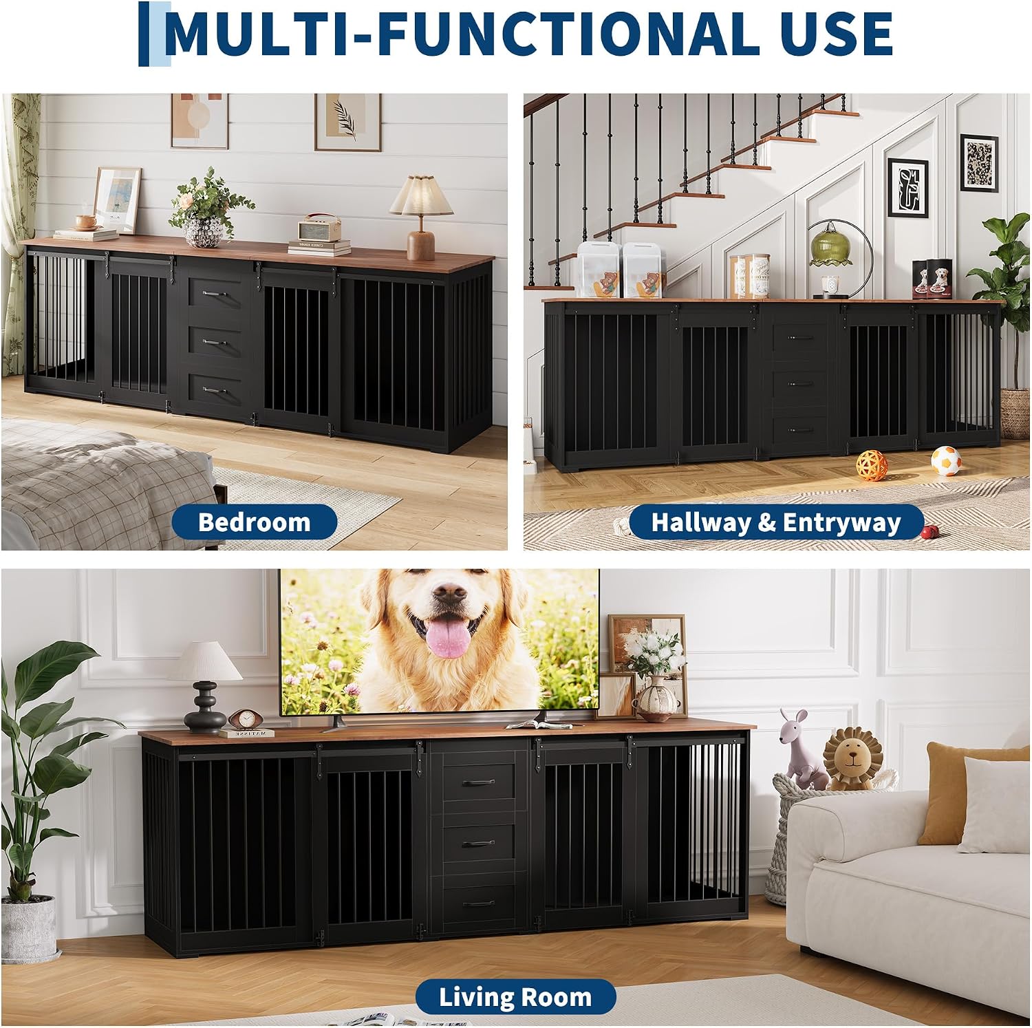 Garvee Large Dog Crate Furniture, Farmhouse Double Dog Kennel TV Stand w/ 3 Drawers