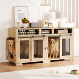 Garvee 71'' Dog Crate Furniture for 2 Dogs, Extra Large Double Dog Kennel, Indoor Wooden Dog Crate TV Stand, White/Natural Wood/Brown - Nature
