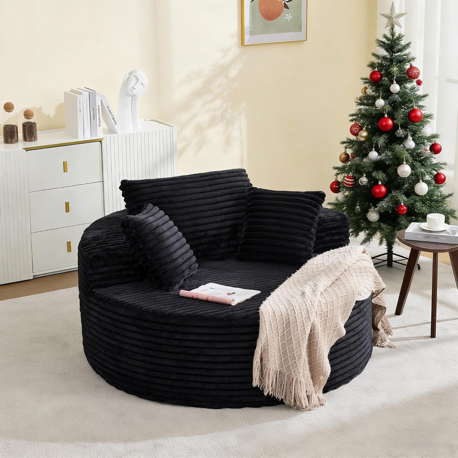 Garvee Oversized 54.7-inch Corduroy Chaise Lounge Chair Indoor, Modern Boneless Cloud Couch with 4 Pillows, Deep Seat Round Sofa for Living Room, Bedroom, Apartment, No Assembly, Black