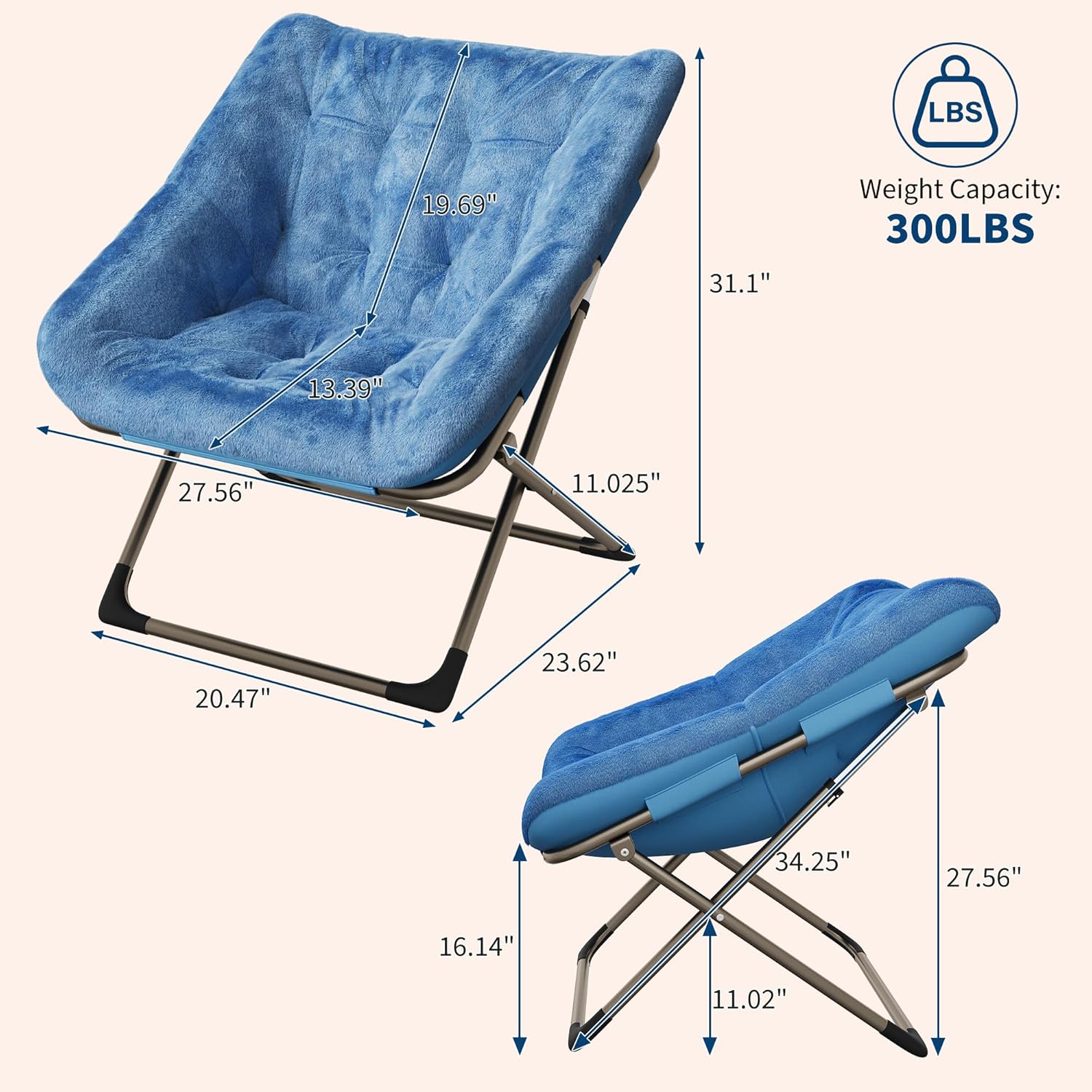 Garvee Folding Saucer Chairs for Adults, Comfy Faux Fur Lazy Chair with Metal Frame, 300 LB Capacity, No Assembly Required for Living Room, Bedroom, Dorms, Blue