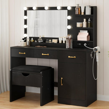 Garvee Vanity Set with Upholstered Storage Stool, Makeup Vanity Desk with Mirror and Lights, Power Outlet & 11 LED Bulbs, Dressing Table with 3 Drawers & Storage Shelves, Black