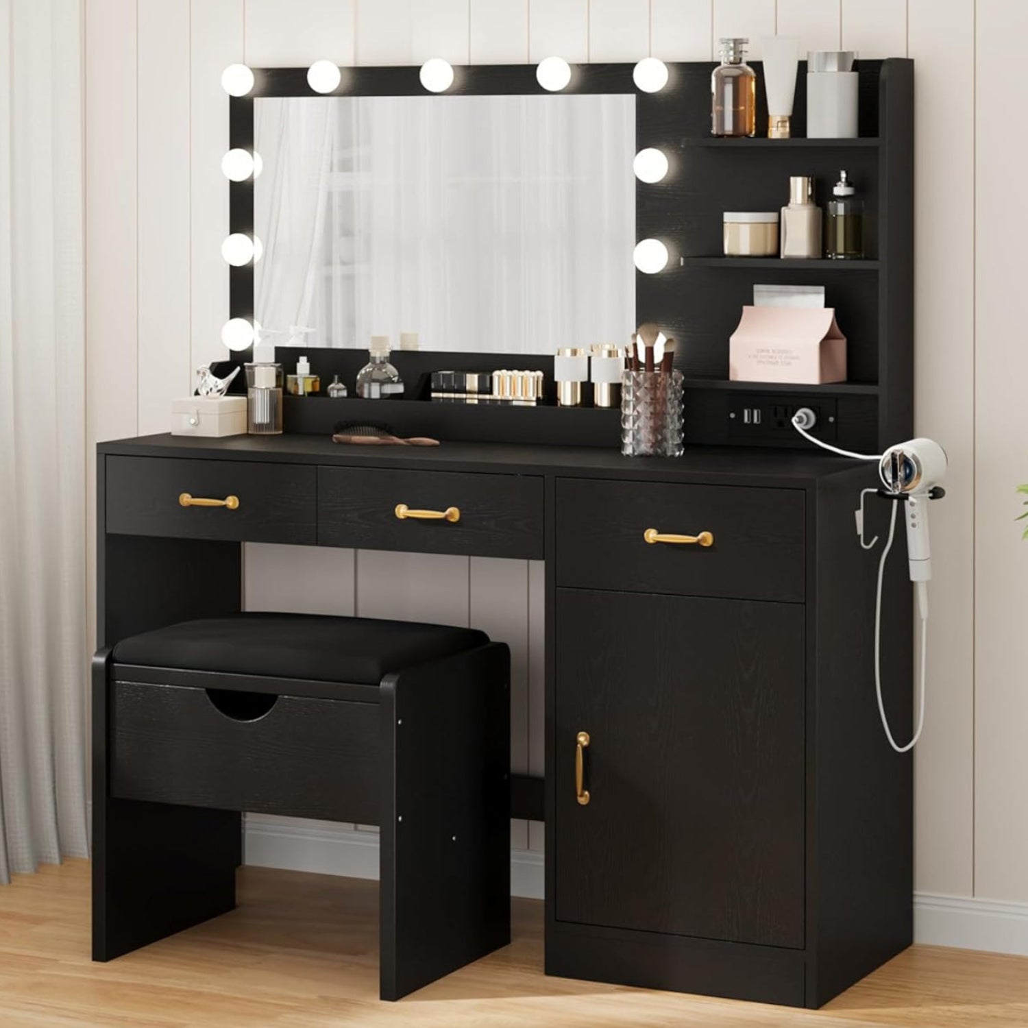 Garvee Vanity Set with Upholstered Storage Stool, Makeup Vanity Desk with Mirror and Lights, Power Outlet & 11 LED Bulbs, Dressing Table with 3 Drawers & Storage Shelves, Black