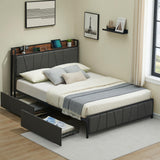 Garvee Queen Size Bed Frame with 2 Storage Drawers, Linen Upholstered Platform Bed Frame with Storage Headboard and Charging Station, Heavy Duty, Easy to Assemble, No Box Spring Needed, Grey - Gray