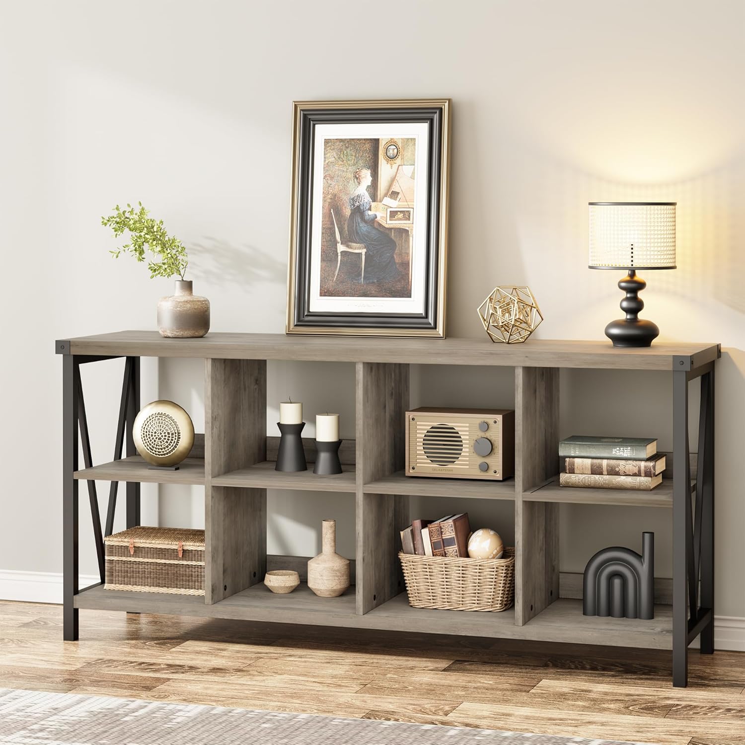 Garvee Console Table, Rustic 3 Tier Sofa Table Behind Couch, Industrial Metal Entryway Table with Storage Shelf, Farmhouse Wooden Foyer Hallway Table for Entry Living Room,Grey.