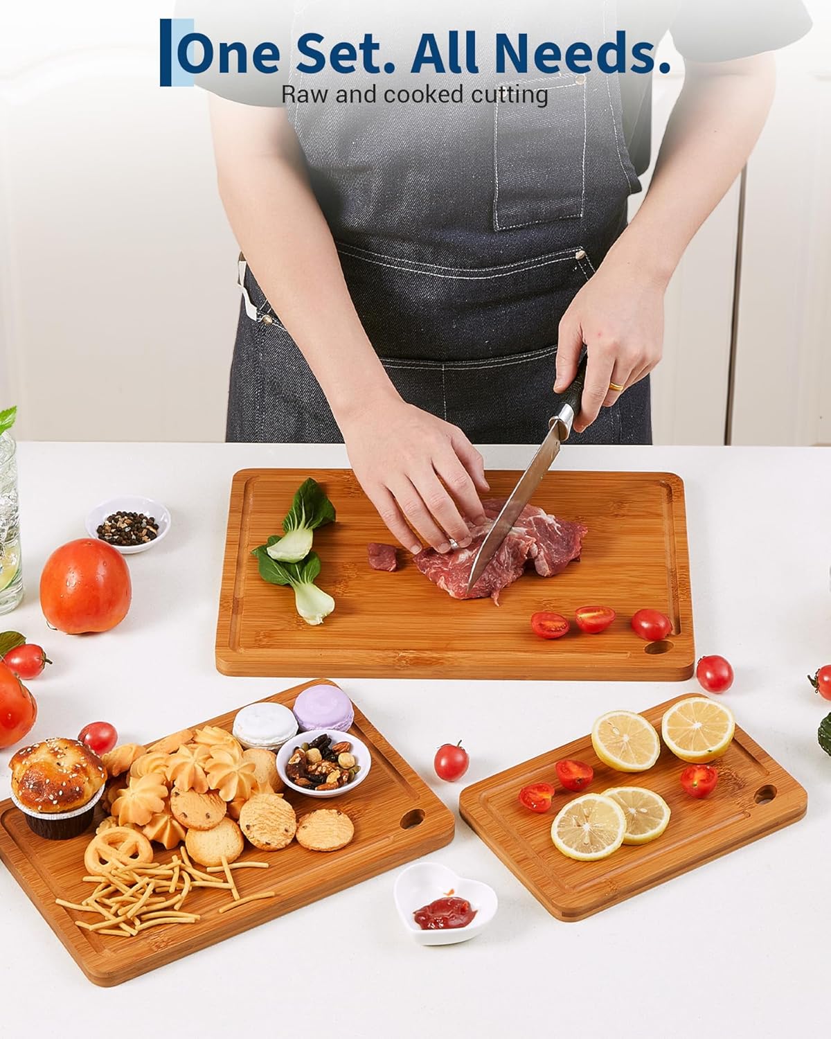 Garvee 3-Piece Deep Carbonized Bamboo Cutting Board Set with Holder – Multi-Size Butcher Block for Kitchen, Deep Juice Grooves, Built-in Handles, Chopping Boards for Vegetables, Fruit, meat and cheese board board (15x10, 12x8, 9x6 Inch) – Deep carbonized