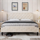 Garvee King Bed Frame, Velvet Platform Bed Frame with Headboard, Upholstered Bed Frame with Rivet Wingback Headboard, No Box Spring Needed, Easy Assembly, Beige