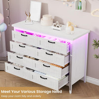 Garvee 8 Drawer Dresser with Power Outlet, White Dresser with LED Light, Modern Chest of Drawers for Closet, Double Wide Drawer Organizer Cabinet for Bedroom, Living Room