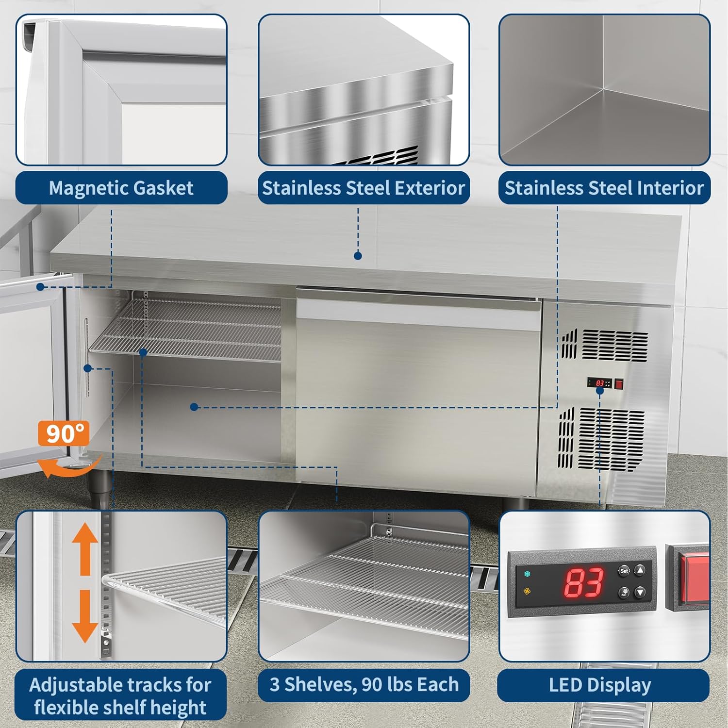 Garvee Stainless Steel Commercial Refrigerators 72 in W for Restuarant, 2 Door 18 Cu.Ft Worktop Undercounter Refrigerator Bar, Shop, Etc