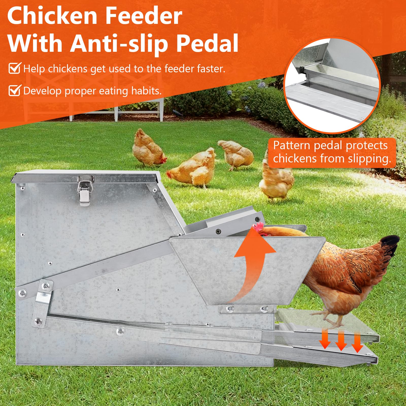 27LBs Automatic Treadle Chicken Feeder, Galvanized Steel, Outdoor