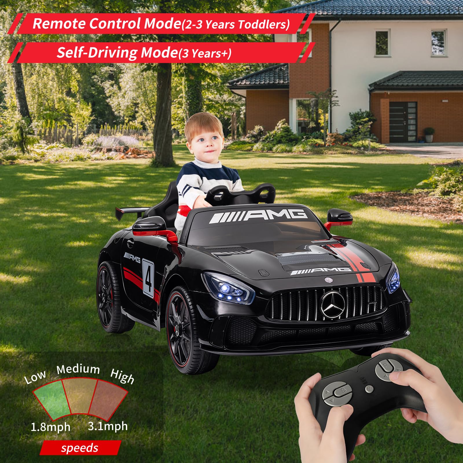 Ride on Car for Kids with Remote Contorl, 12V Licensed Benz AMG Electric Vehicles Battery Powered Sports Car,Sound System, LED Headlights,One Button Assemble Wheels for 3-8 Years Boys Girls