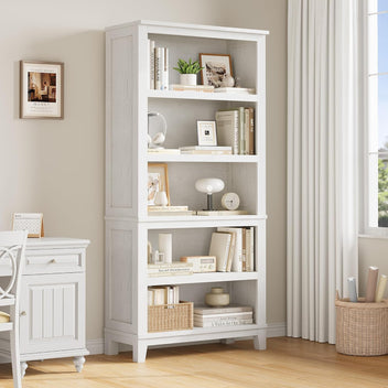 Garvee 71" Farmhouse Bookcase w/Adjustable Shelves & 31.5" Width, 5 Tier Tall Bookshelf with Wooden Legs, Rustic Vintage Book Shelf for Living Room Office Library, White