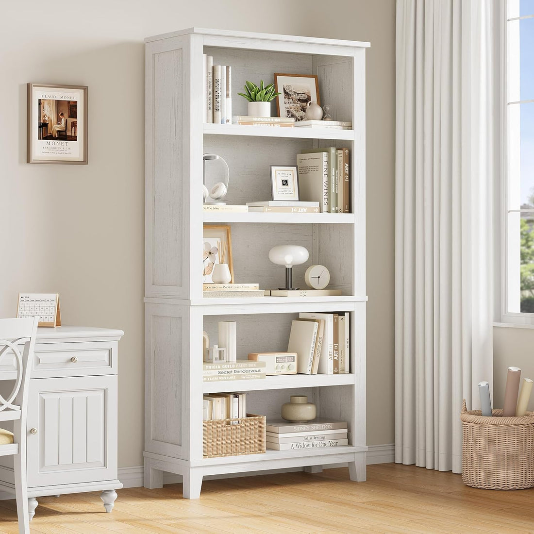 Garvee 71" Farmhouse Bookcase w/Adjustable Shelves & 31.5" Width, 5 Tier Tall Bookshelf with Wooden Legs, Rustic Vintage Book Shelf for Living Room Office Library, White