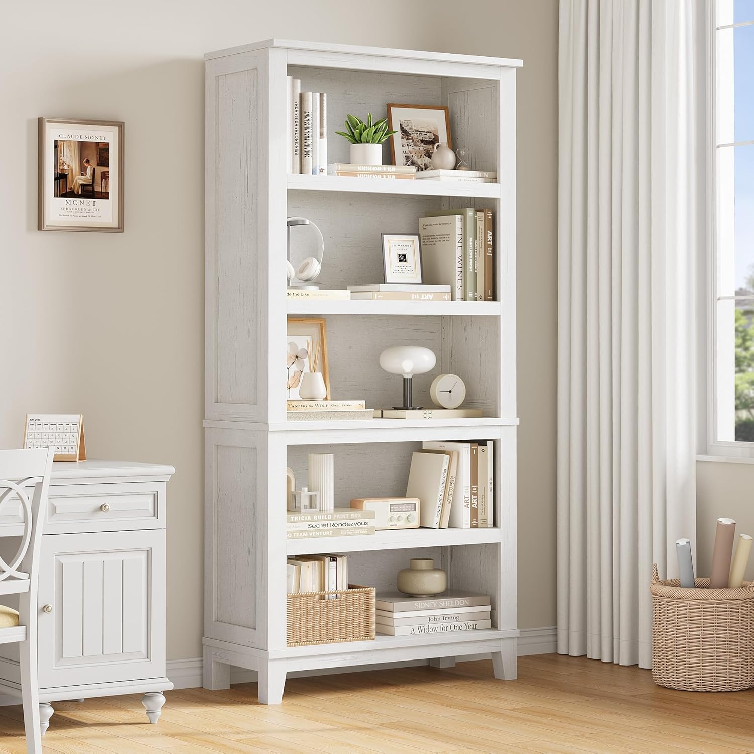 Garvee 71" Farmhouse Bookcase w/Adjustable Shelves & 31.5" Width, 5 Tier Tall Bookshelf with Wooden Legs, Rustic Vintage Book Shelf for Living Room Office Library, White