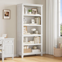 Garvee 71" Farmhouse Bookcase w/Adjustable Shelves & 31.5" Width, 5 Tier Tall Bookshelf with Wooden Legs, Rustic Vintage Book Shelf for Living Room Office Library, White