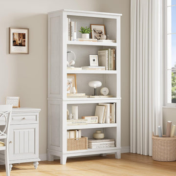 Garvee 71" Farmhouse Bookcase w/Adjustable Shelves & 31.5" Width, 5 Tier Tall Bookshelf with Wooden Legs, Rustic Vintage Book Shelf for Living Room Office Library, White
