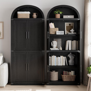 Garvee 71.6" Modern Fluted Wooden Arched Bookcase with Doors, 5-Tier Storage Organizer Cabinet for Living Room, Dining Room, Office, Black