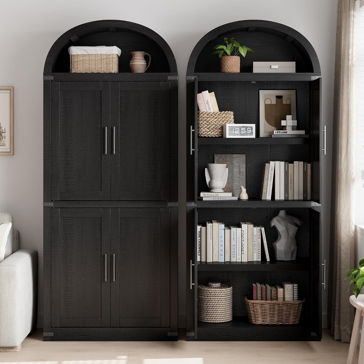 Garvee 71.6" Modern Fluted Wooden Arched Bookcase with Doors, 5-Tier Storage Organizer Cabinet for Living Room, Dining Room, Office, Black