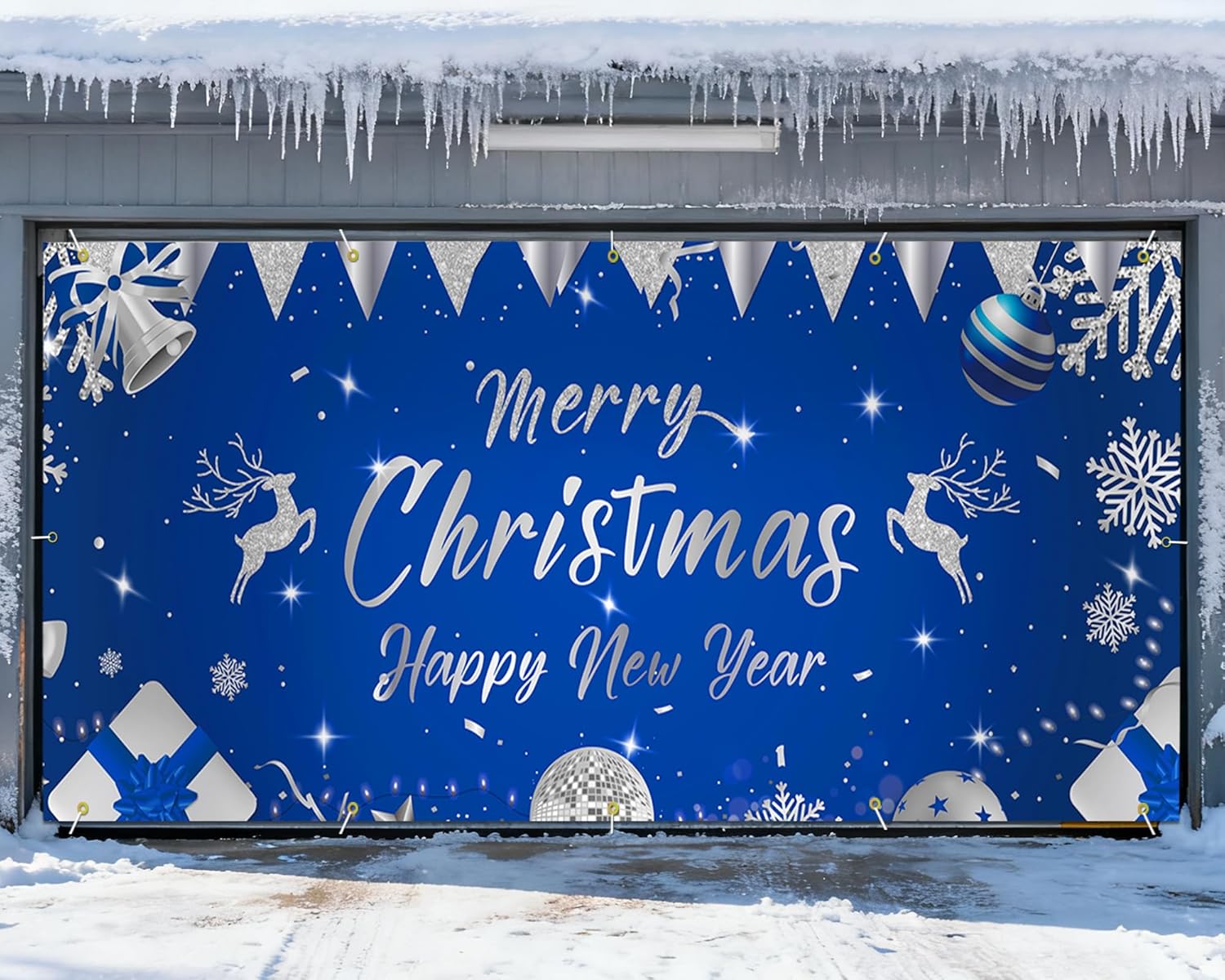 Garvee Christmas & New Year Garage Door Cover - 7x16 ft Holiday Banner with 4x6 m Ribbons | Vibrant Polyester Decor for Home, Church, Party | Durable & Reusable Xmas Decoration