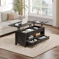 Garvee Coffee Table, 47.2" Lift Top Coffee Table with 2 Storage Drawers and Hidden Compartment, X Wood Farmhouse Support, Retro Center Table with Lift Tabletop for Living Room, Black