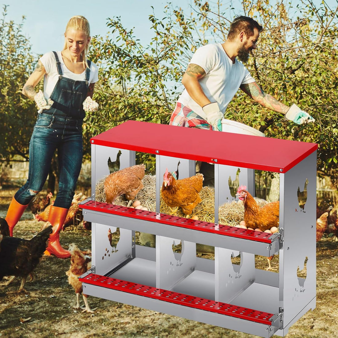 Garvee 6 Compartment Chicken Nesting Box - Heavy Duty Metal Coop with Roll Away Egg Collection, Perch, Lid Cover for Egg Protection - Wall Mount/Free Standing Nest Box for Chickens, Hens, Ducks