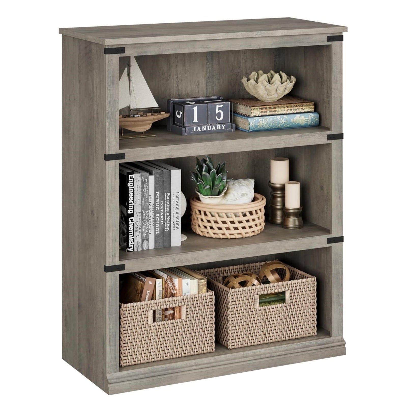 Garvee Farmhouse 3 Tier Bookcase, Open Shelves, MDF Wood, Rustic Grey, 43.3" Low Bookcase, Home Office, Living Room
