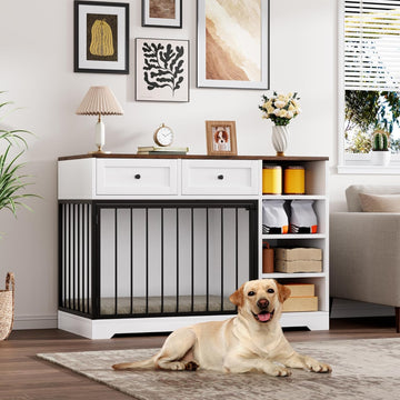 Garvee 47" Dog Crate Furniture Indoor with 2 Drawers & 4 Shelves, Large Dogs Kennel Furniture TV Stand, Wooden Dog Cage for Large Medium Dogs, White & Brown Top