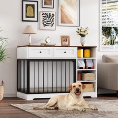 Garvee 47" Dog Crate Furniture Indoor with 2 Drawers & 4 Shelves, Large Dogs Kennel Furniture TV Stand, Wooden Dog Cage for Large Medium Dogs, White & Brown Top - White & Brown Top