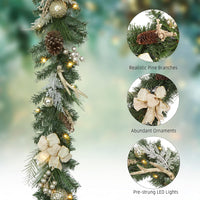 Garvee Christmas Garland with 20 Led Lights, 6 Ft Pre-Lit Gold Xmas Garland with Faux Antlers Bow-Knot Ball Ornaments, Battery Operated Garland with Timer for Mantle Staircase Table Decoration