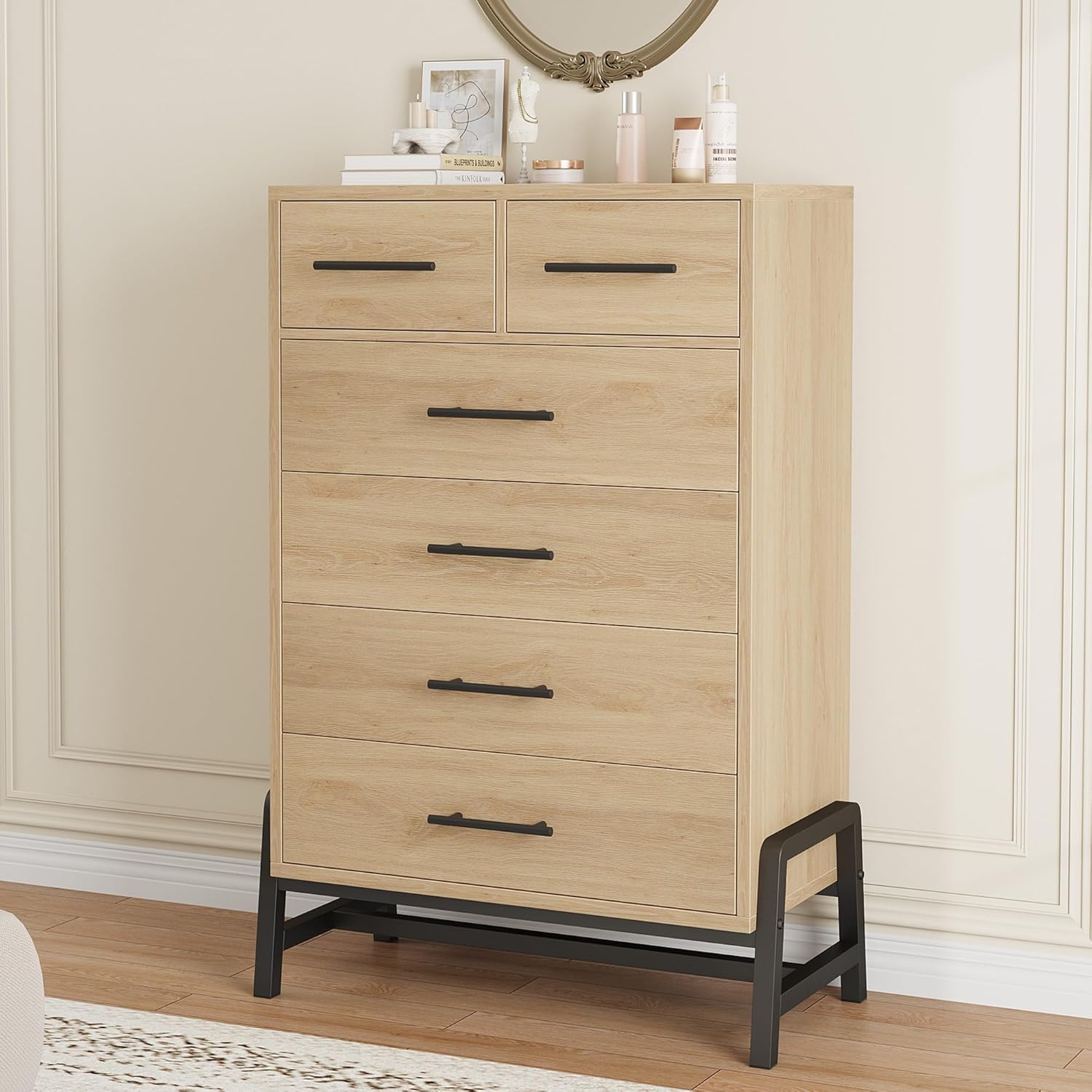 Garvee 4+2 Dresser for Bedroom, 46.6 in Tall Drawer with Large Storage Space, Metal Legs, Freestanding Wooden Closet Storage Dresser Chest for Living Room, Bedroom, Entryway, Natural Oak