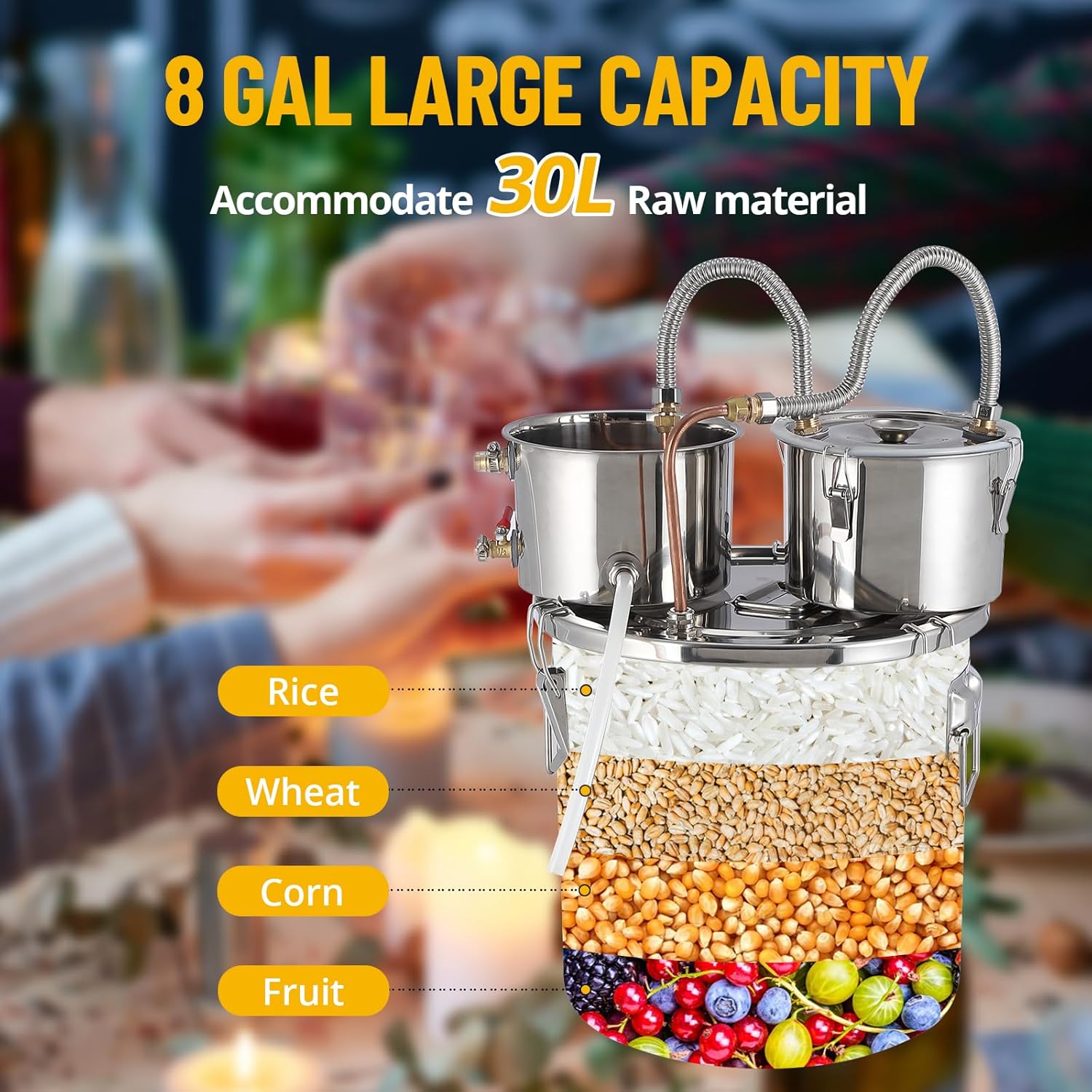 Garvee 8 Gal / 30L Alcohol Still, Stainless Steel Home Distillation Kit with Copper Tube and Built-In Thermometer, 3 Pots Multifunctional Wine Making Kit for Diy Whiskey Wine Brandy