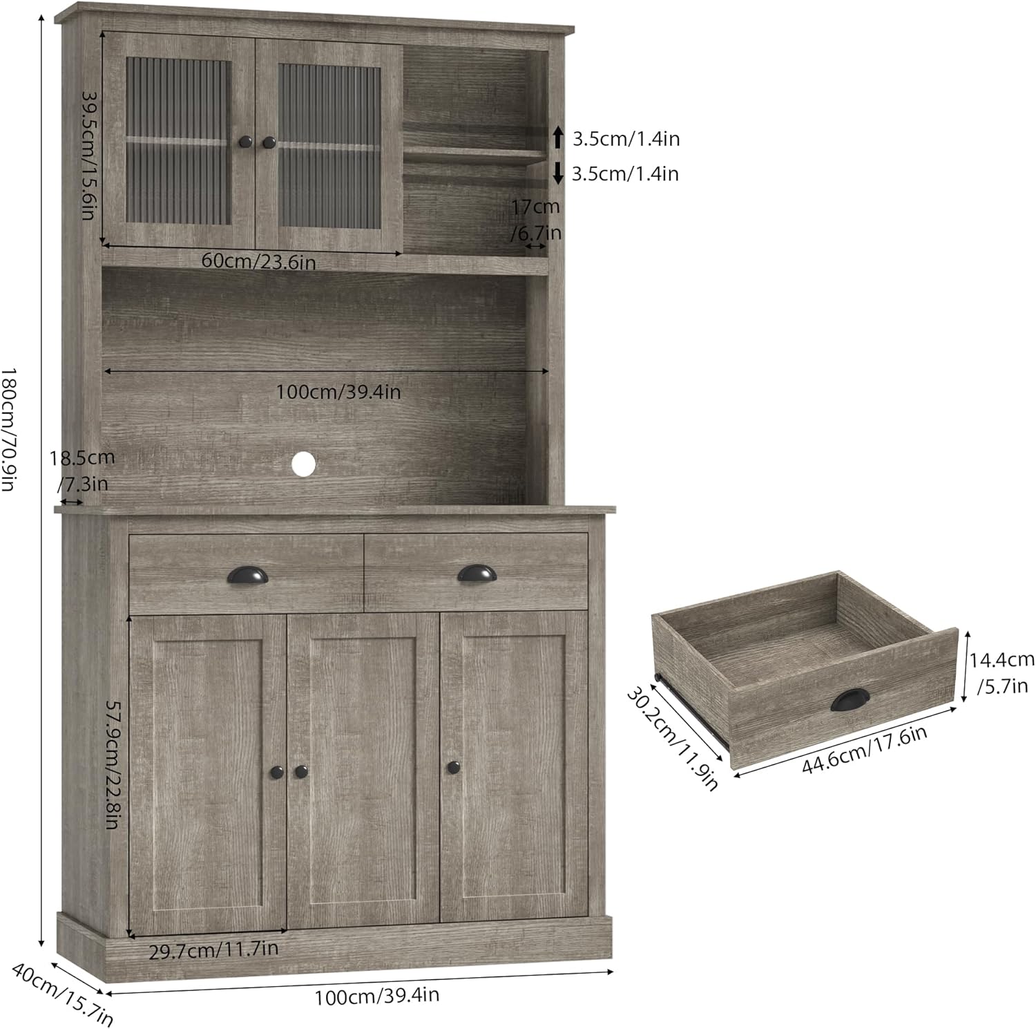 Garvee Farmhouse 71" Freestanding Pantry Cabinet with  Drawers and Adjustable Shelves, Grey