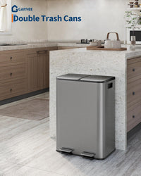 Garvee 2 x 8 Gallon Stainless Steel Double Trash Can Step-on Metal Garbage Cans with Lid for Kitchen, Grey