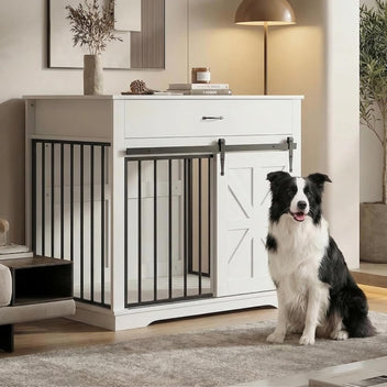 Garvee 37.8"W Dog Crate Furniture for Small/Medium Dogs, 2-in-1 Iron-Wood Fusion Dog Cage Indoor As Side End Table, Farmhouse Dogs Kennel with Sliding Barn Doors & Storage Drawer, White