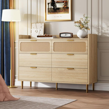 Garvee 6 Drawer Rattan Dresser, Narrow Wicker Chest of Drawer with Railed Edge, Metal Legs, Gold Handles, Farmhouse Wooden Storage Dresser for Bedroom, Nursery, Light Oak