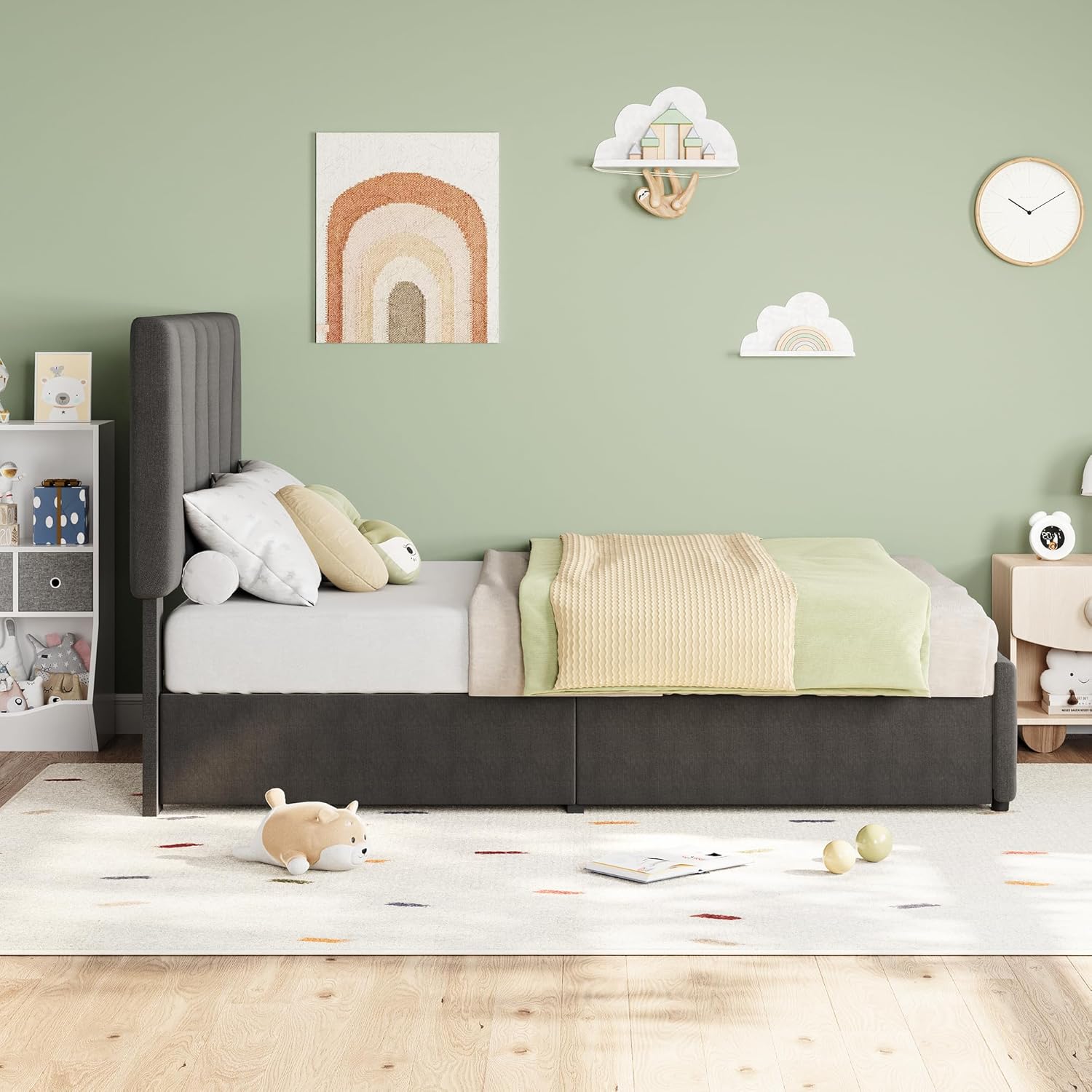Garvee Twin Size Bed Frame with Adjustable Headboard and 2 Storage Drawers, Upholstered Platform Bed Frame with Wooden Slats Support, No Box Spring Needed, Dark Grey (Twin)