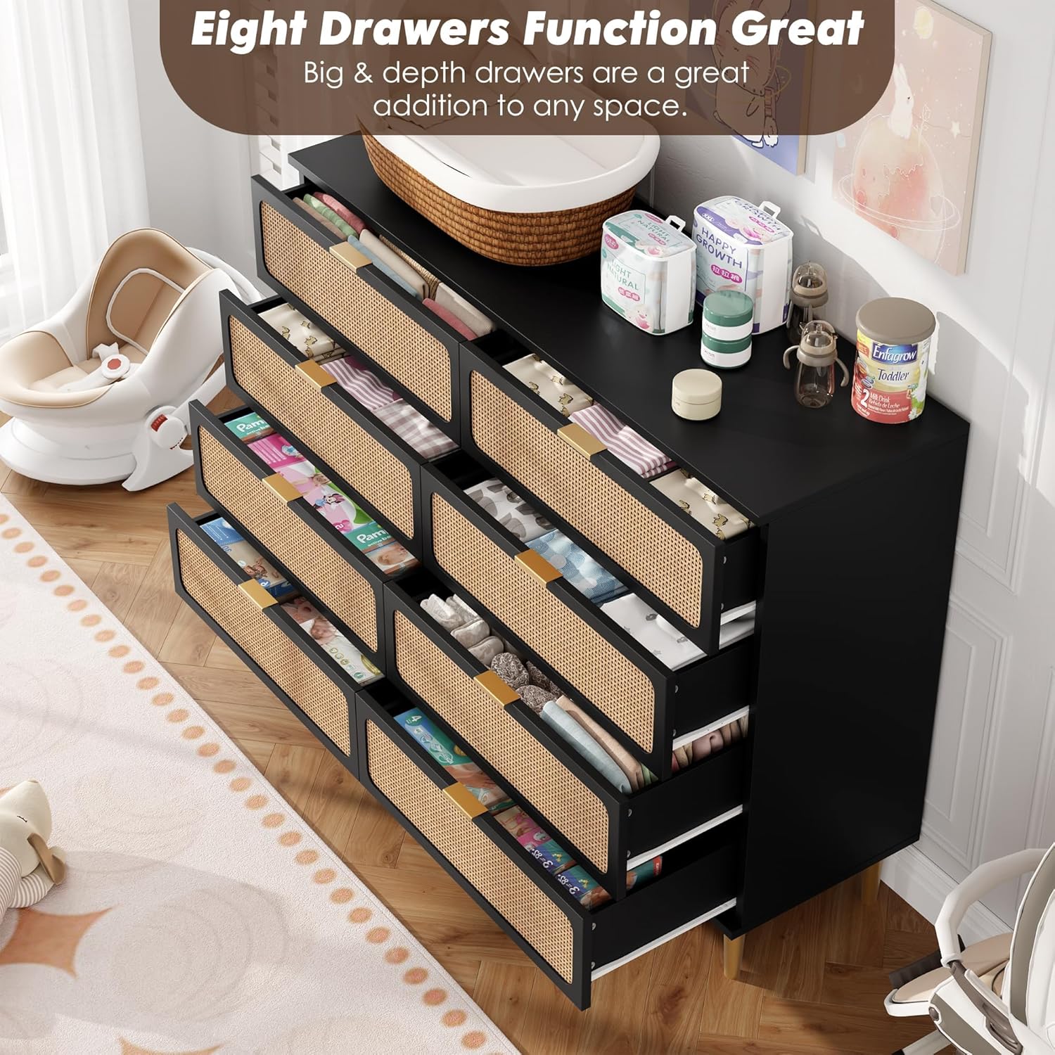 Garvee Rattan 8 Drawer Dressers for Bedroom, Tall Dresser with Deep Drawers, Large Chest of Drawers for Closet with Wide Top, Long Wooden Dresser for Living Room, Hallway, Kids Room, Black