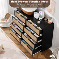 Garvee Rattan 8 Drawer Dressers for Bedroom, Tall Dresser with Deep Drawers, Large Chest of Drawers for Closet with Wide Top, Long Wooden Dresser for Living Room, Hallway, Kids Room, Black