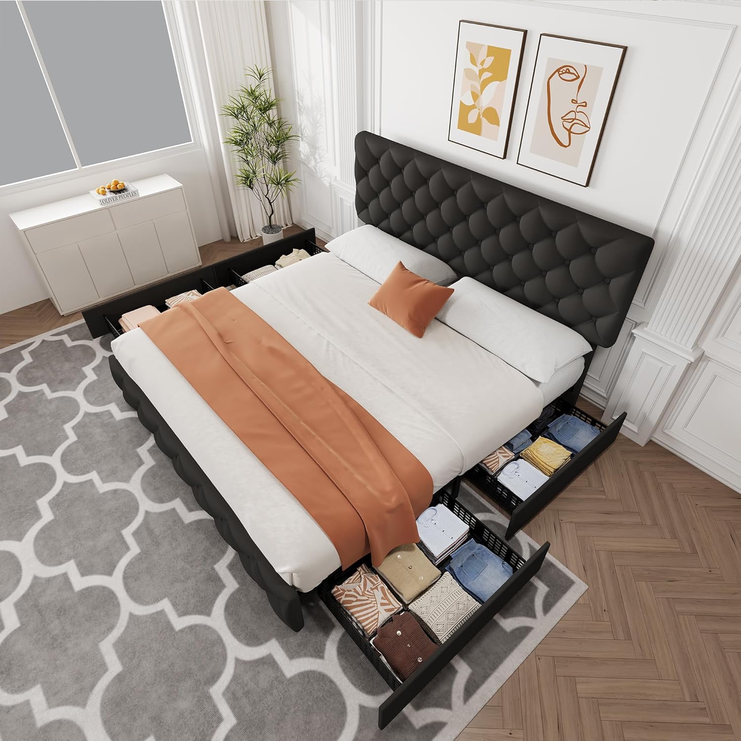 Garvee King Size Bed Frame with 4 Storage Drawers, Linen Upholstered Platform Bed Frame with Adjustable Headboard, Diamond Stitched Button Tufted, No Box Spring Needed, Black