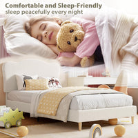 Garvee Upholstered Twin Size Bed Frame for Kids with Crown Headboard, Cute Velvet Twin Bed for Girls, Boys, Sturdy Platform Bed, No Box Spring Needed, Wooden Slats, Noise Free, White