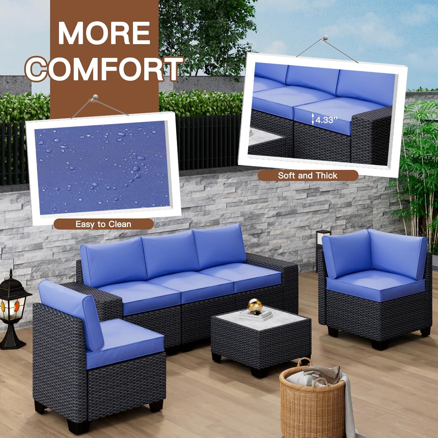 Garvee 6-Piece Outdoor Patio Sofa Set – All-Weather PE Rattan Wicker – Modular Conversation Furniture with Thick Cushions & Coffee Table – Garden, Poolside, Balcony, Coffee & Blue
