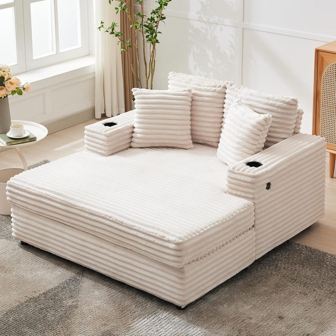 Garvee 60" Oversized Chaise Lounge Chair Indoor, Comfy Corduroy Lounge Sofa with Charging Station, Cup Holders & Throw Pillows, Cozy Sleeper Couch for Living Room Apartments, Beige