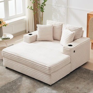 Garvee 60" Oversized Chaise Lounge Chair Indoor, Comfy Corduroy Lounge Sofa with Charging Station, Cup Holders & Throw Pillows, Cozy Sleeper Couch for Living Room Apartments, Beige