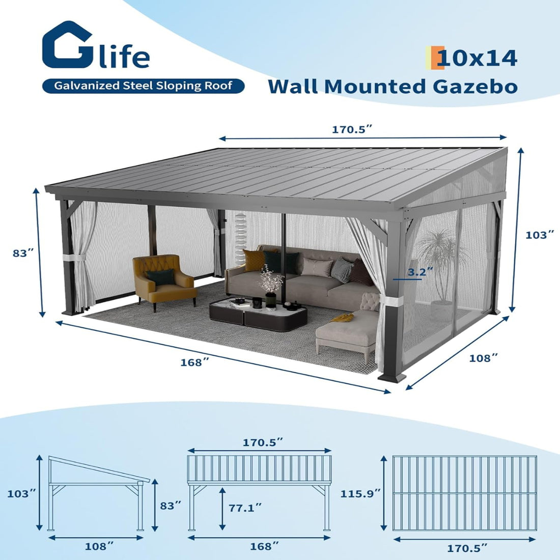 Garvee 10'x14' Wall-Mounted Lean-To Gazebo with Galvanized Steel Roof, Gutters, Sliding Netting & Curtains, Rust-Resistant Frame, UV Protection, Patio & Garden
