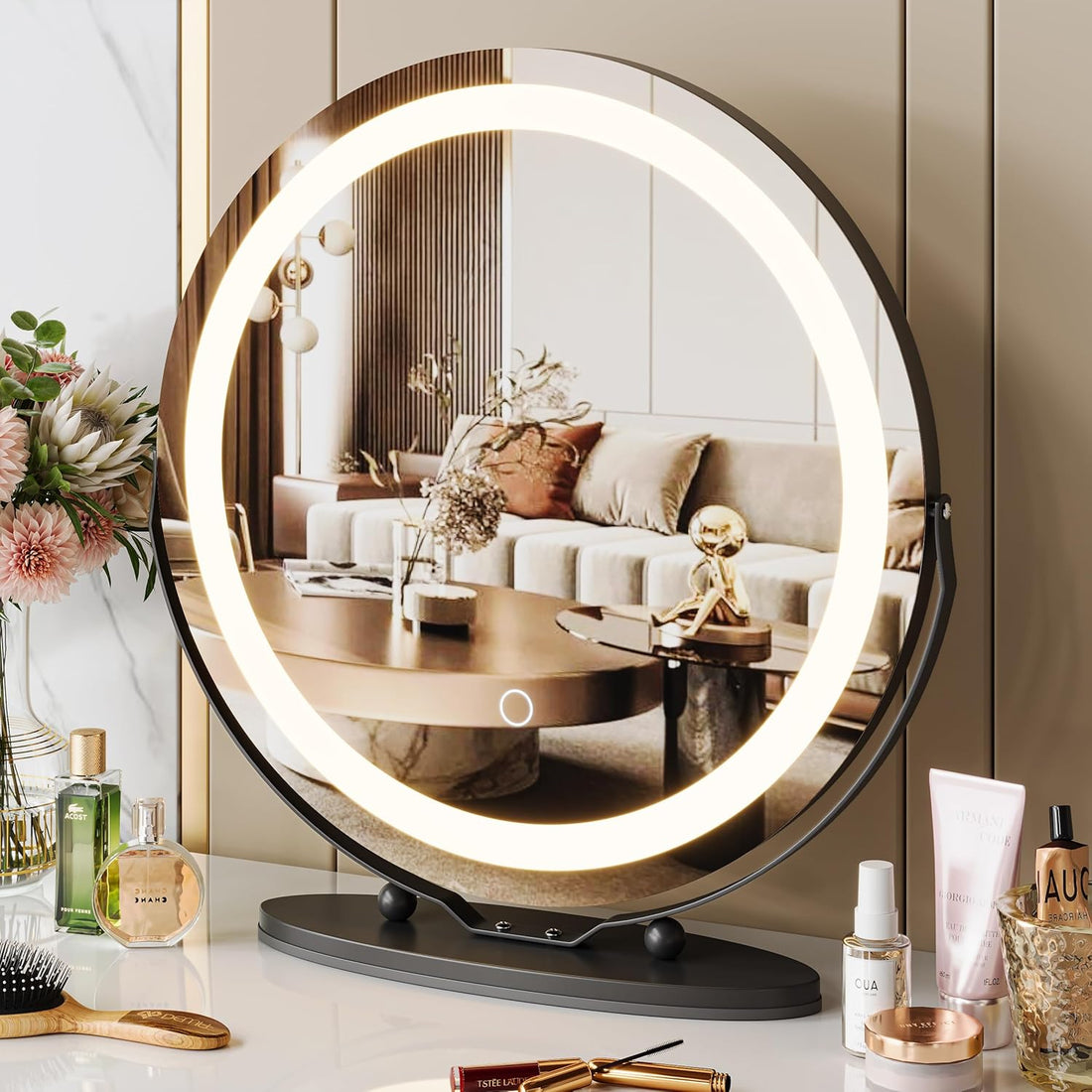 Garvee 19" Vanity Mirror with Led Lights, Large Round HD Makeup Mirror with Touch Control and 3 Color Lighting Modes, 360° Rotating Vanity Mirror for Bedroom, Table Top, Easy to Install, Black