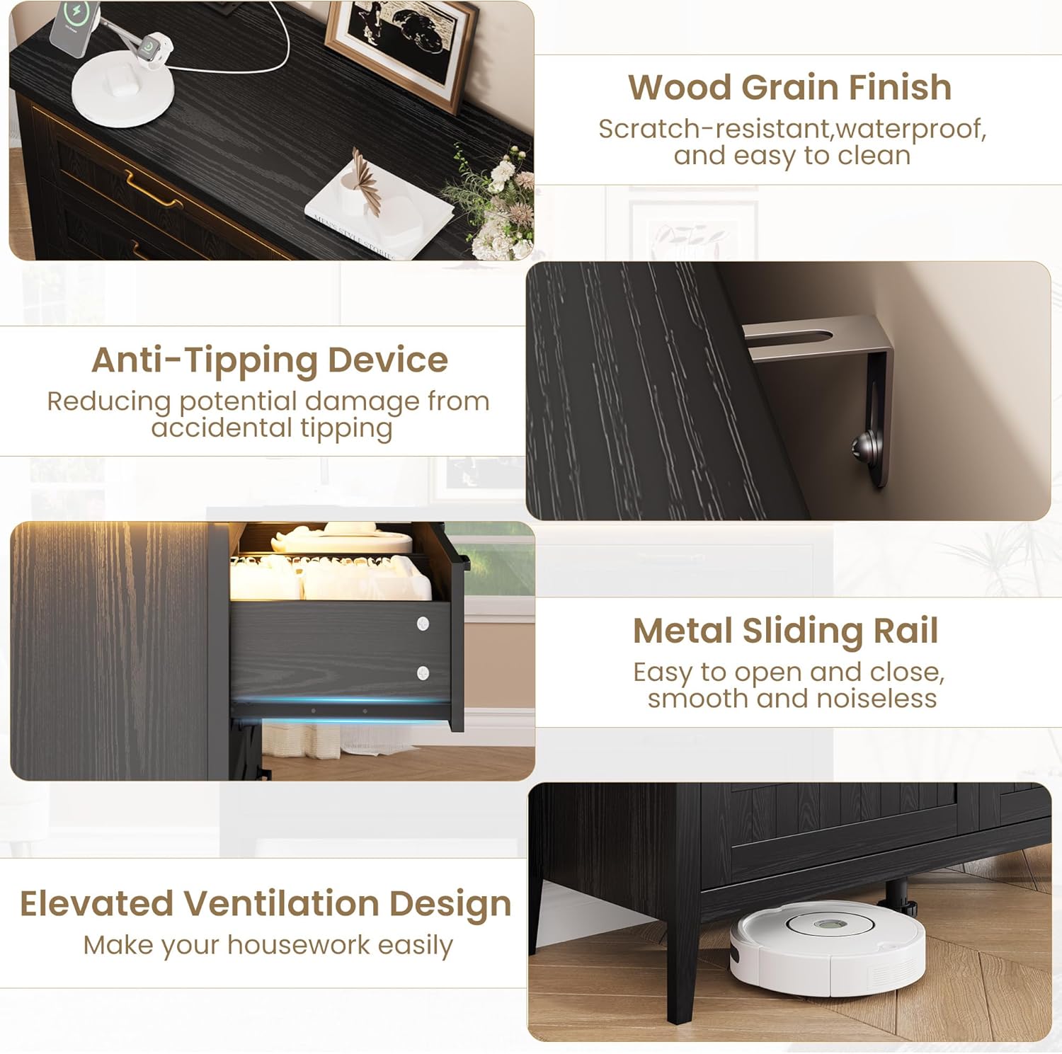 Garvee 6 Drawer Dresser with Power Outlet, Black Dresser with LED Light, Modern Chest of Drawers for Closet, Double Wide Drawer Organizer Cabinet for Bedroom, Living Room