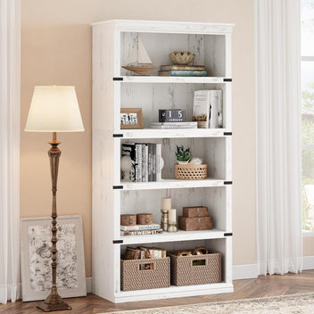 Garvee 5 Tier Bookcase, Farmhouse Book Shelf with Storage, Tall Book Case Wooden 5 Shelf Bookcase for Home Office, Living Room, Bed Room (White, 67.4" H x 31.5" W x 12.8" D)