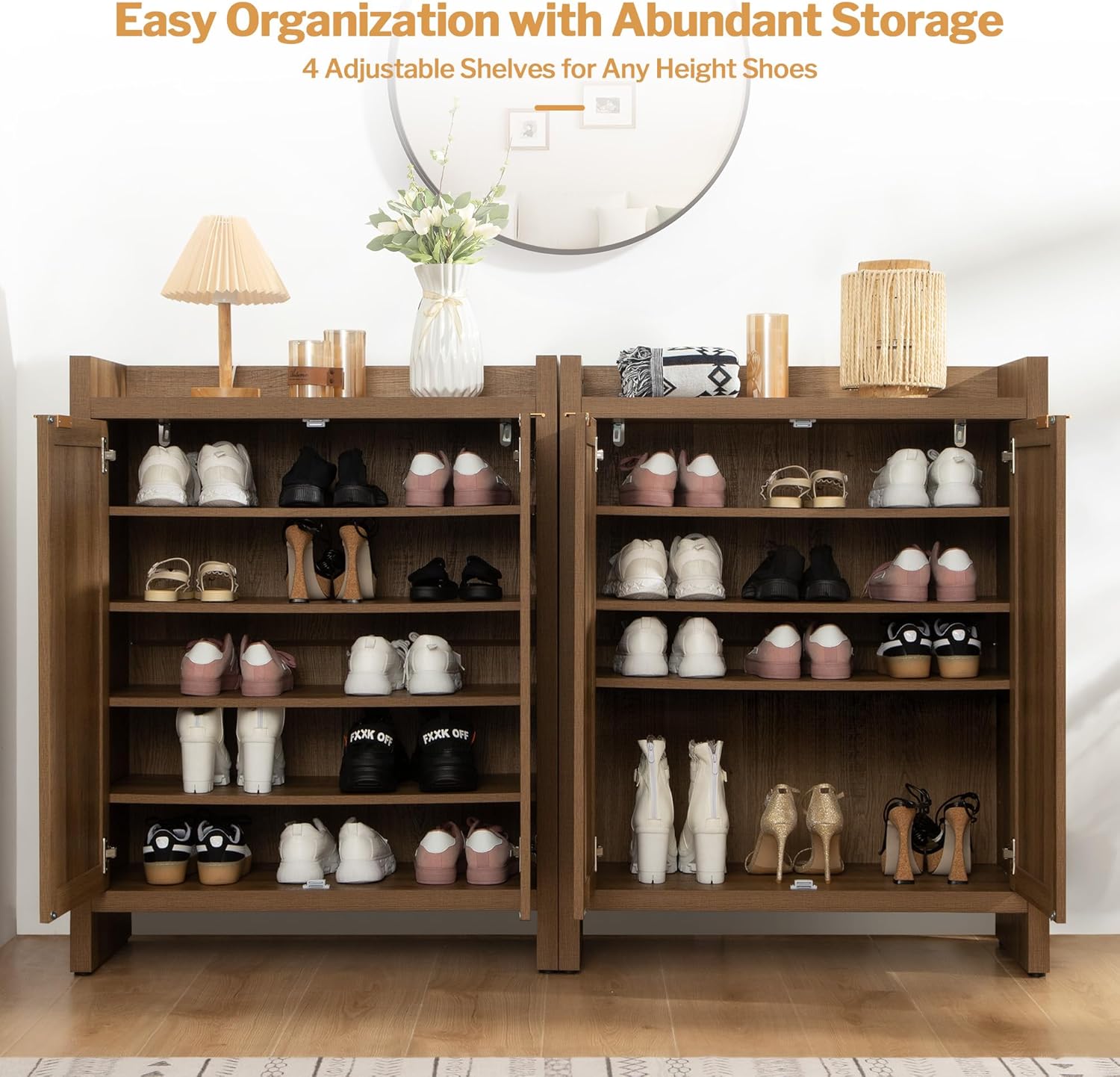 Garvee Boho 32" Rattan Shoe Storage Cabinet with 2 Doors and Adjustable Shelves for Entryway, Hallway, Living Room and Bedroom, Dark Oak