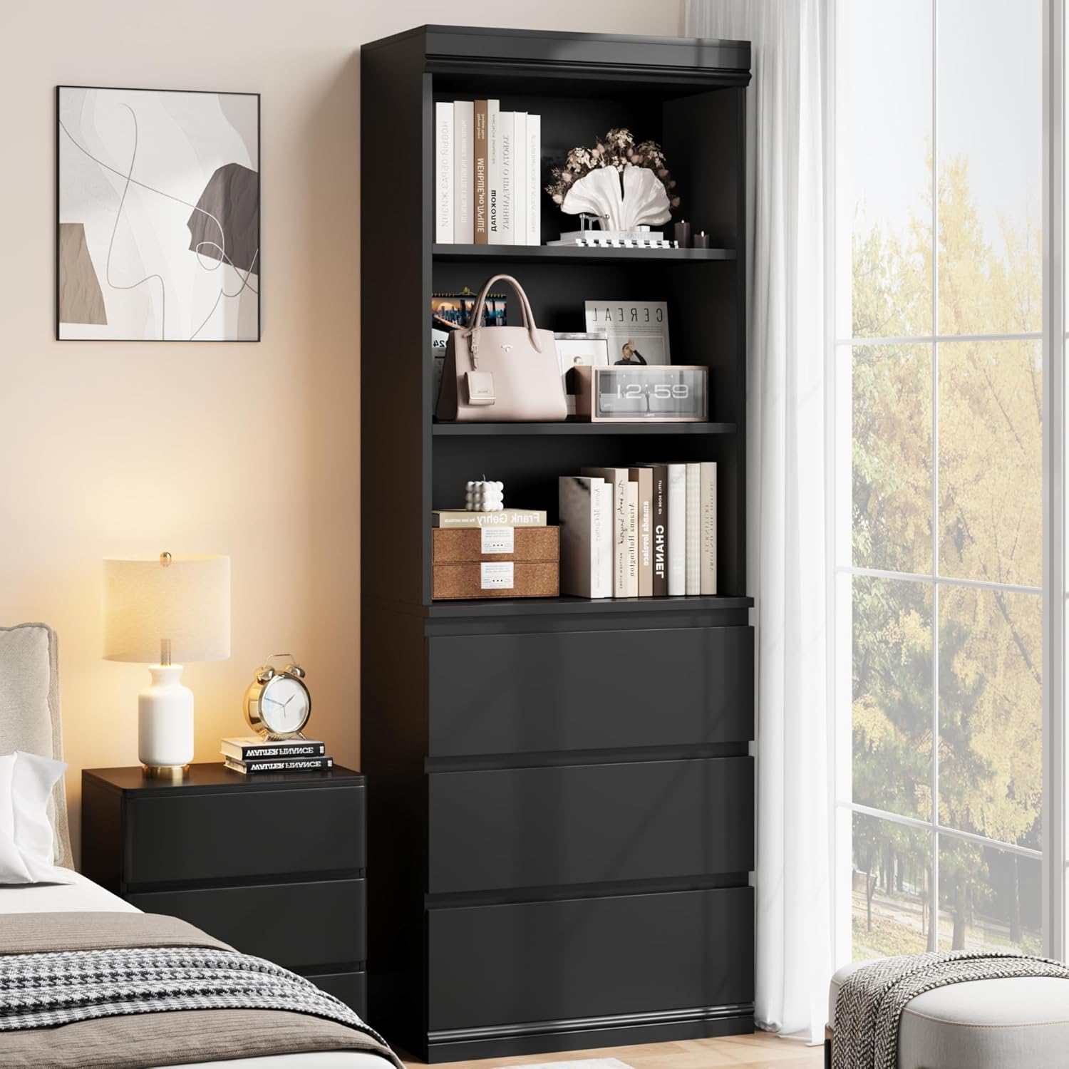 Garvee 70" Tall Bookcase with 3 Drawers, Farmhouse Bookshelf with 3 Tier Open Shelves, Modern Deep Storage Book Shelf Storage Cabinet Organizer for Living Room Office Library, Black